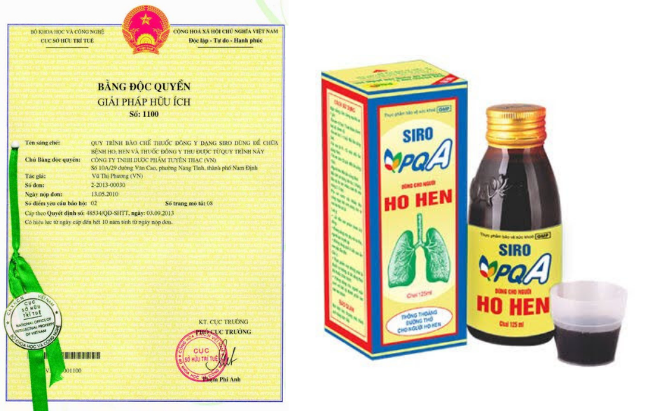 Thuốc siro Ho hen PQA được cấp bằng độc quyền giải pháp hữu ích.