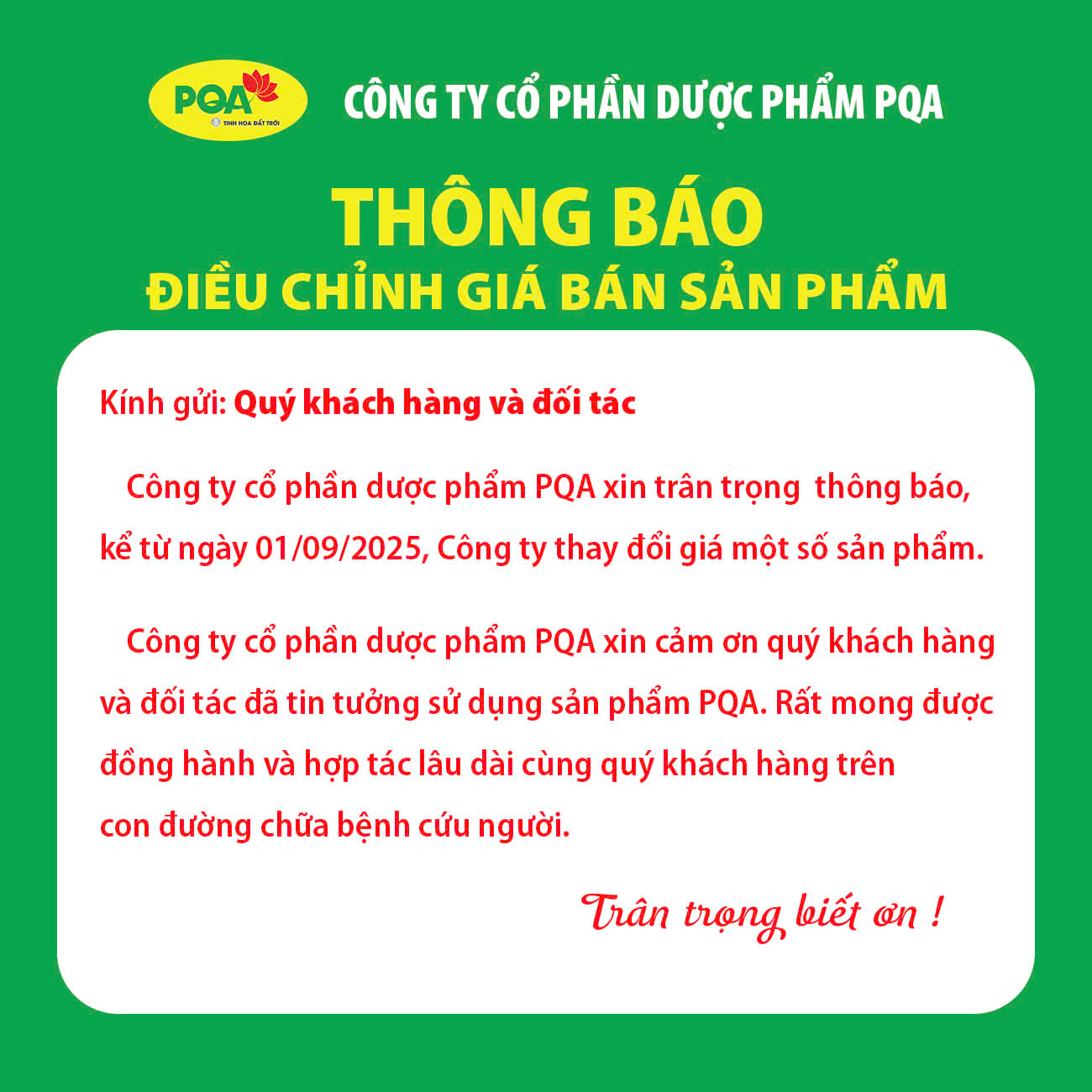 thông báo điều chính giá sản phẩm