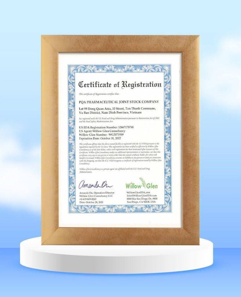 Giấy chứng nhận đã đăng ký với FDA Hoa Kỳ.