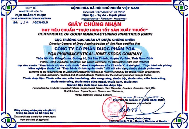 Giấy chứng nhận đạt tiêu chuẩn thực hành tốt sản xuất thuốc