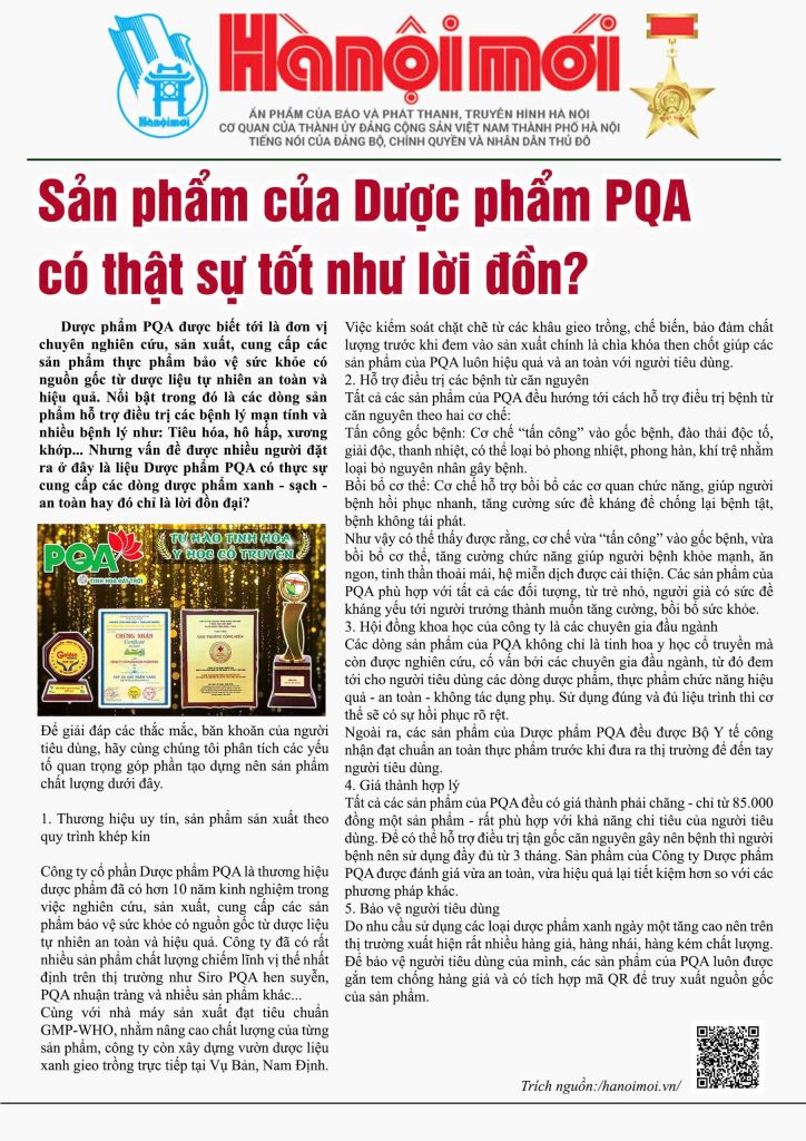 Dược phẩm PQA đăng trên báo Hà Nội mới