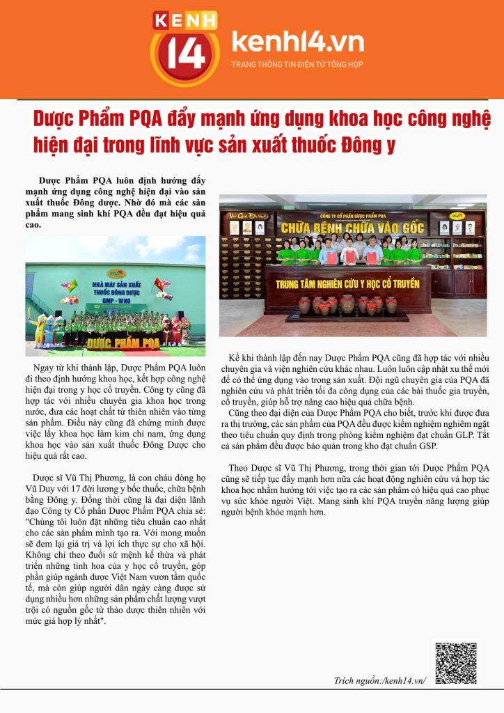 Dược phẩm PQA đăng trên báo Kênh 14.vn