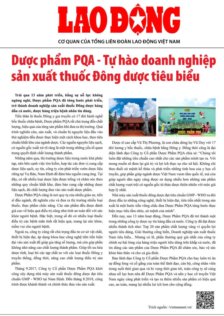 Dược phẩm PQA đăng trên báo Lao động