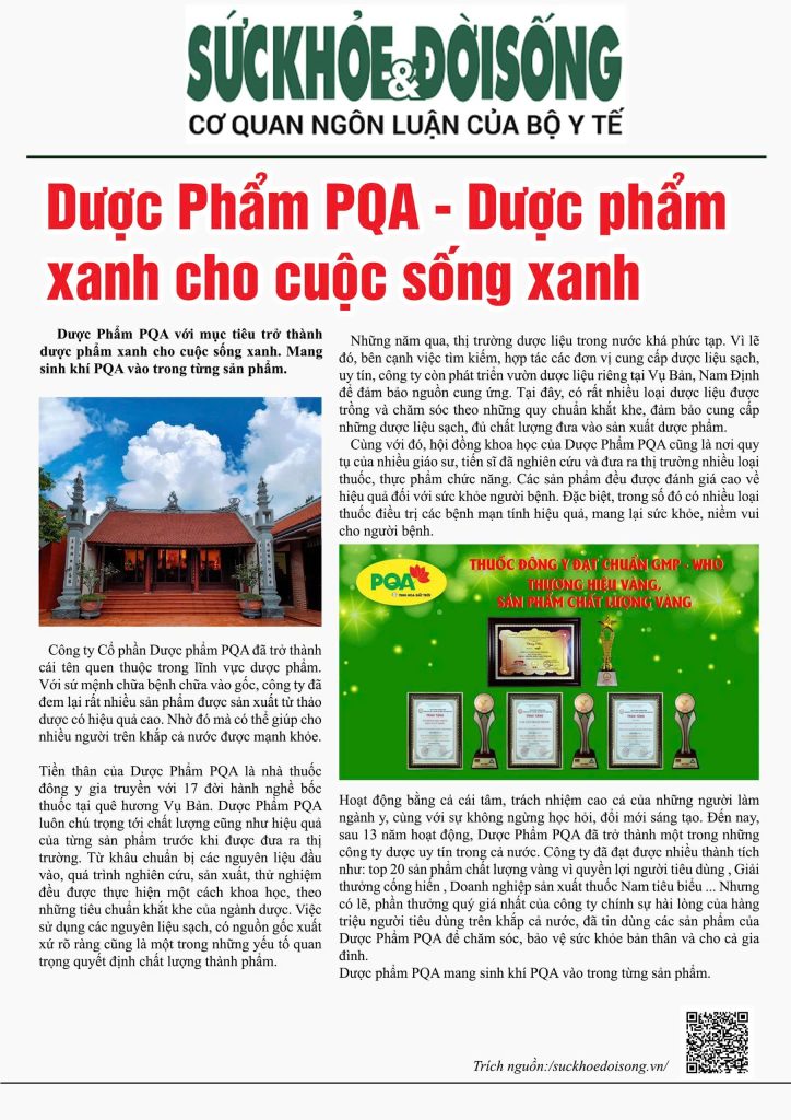 Dược phẩm PQA đăng trên báo Sức khoẻ đời sống 1