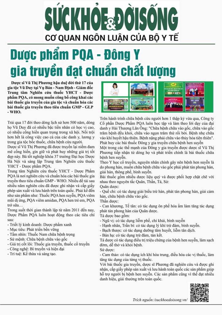 Dược phẩm PQA đăng trên báo Sức khoẻ đời sống
