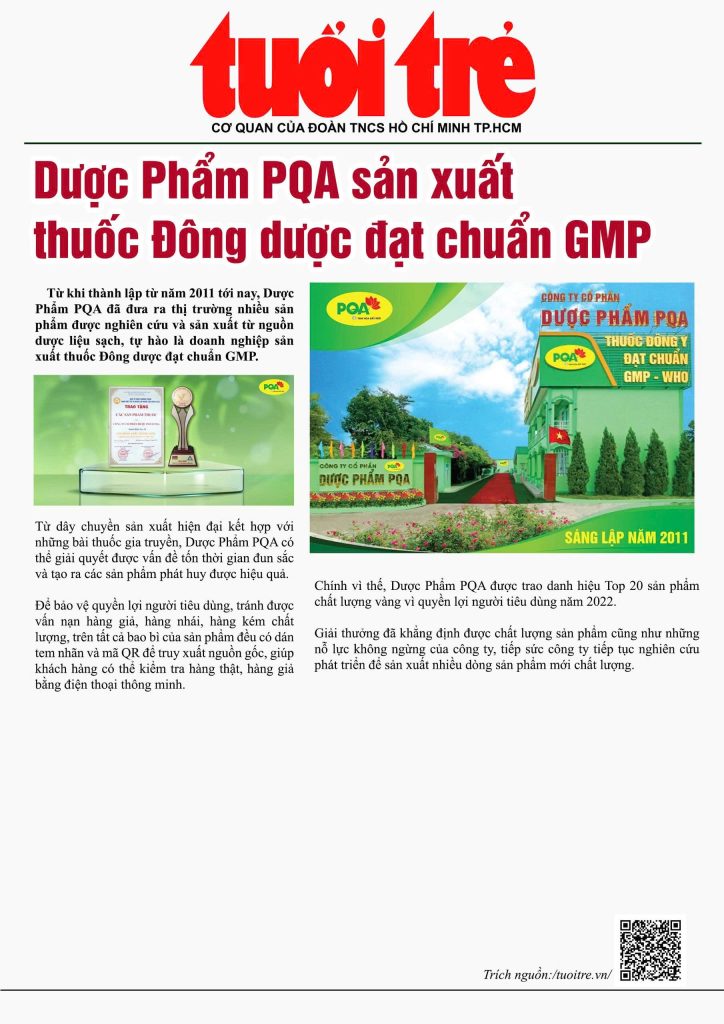 Dược phẩm PQA đăng trên báo Tuổi trẻ