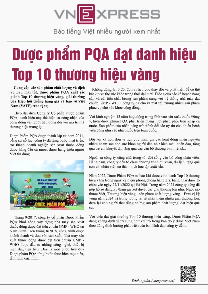 Dược phẩm PQA đăng trên báo VN Express
