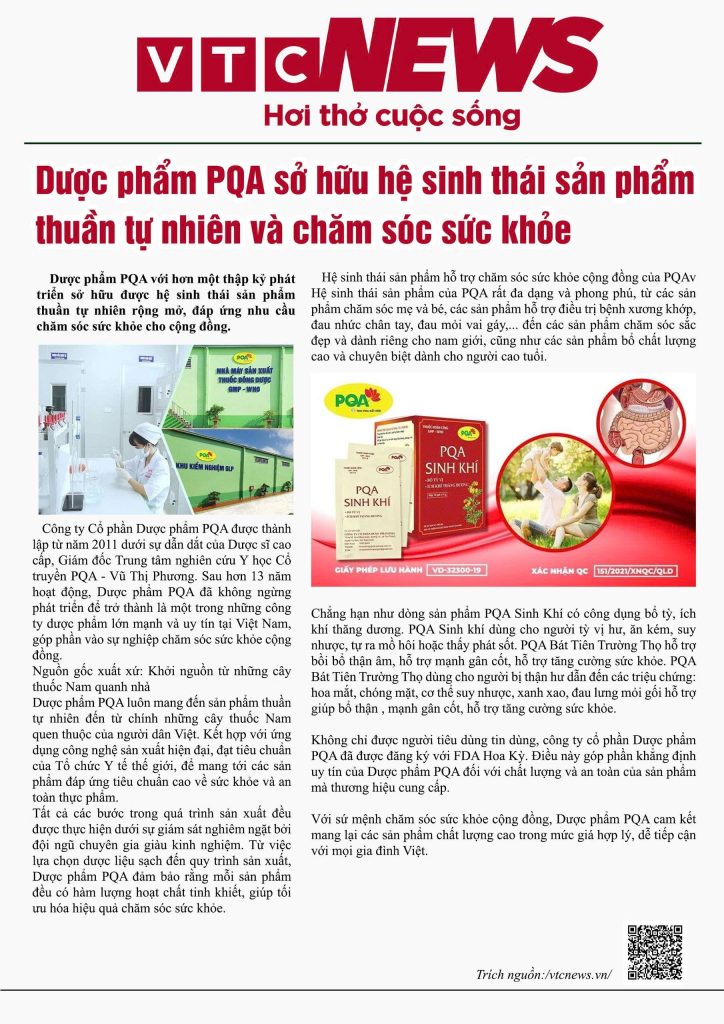 Dược phẩm PQA đăng trên báo VTC NEWs