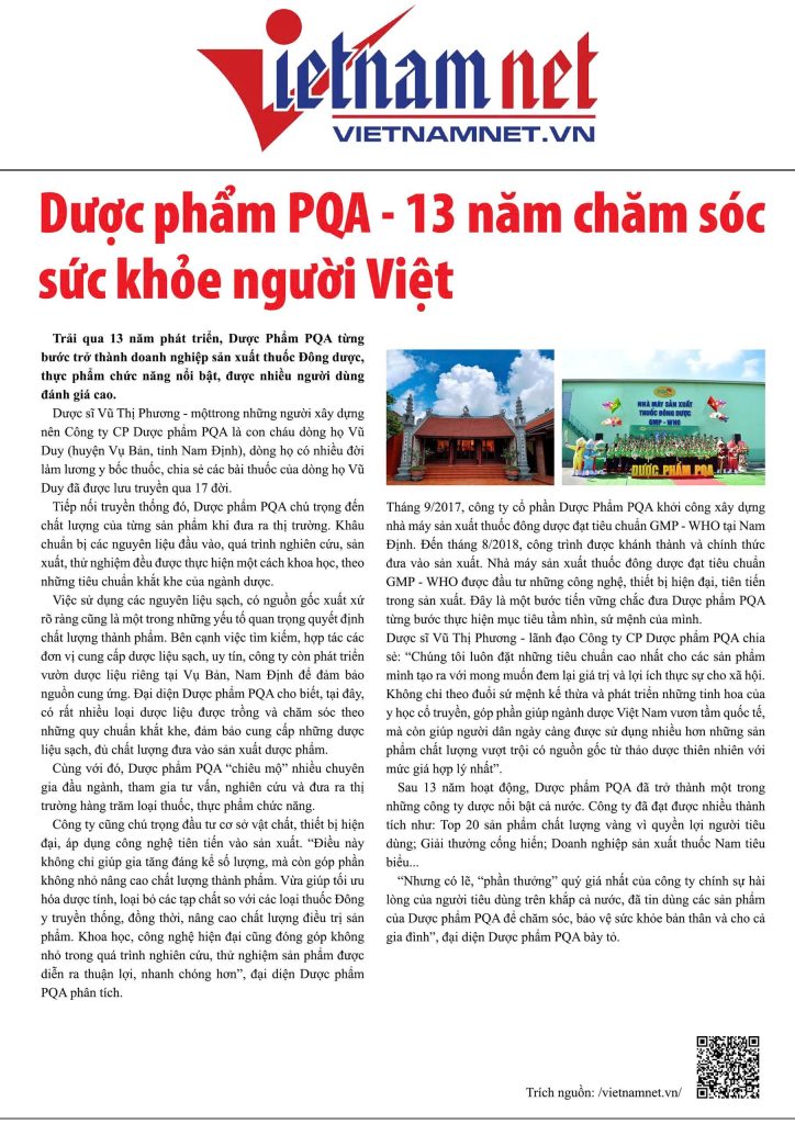 Dược phẩm PQA đăng trên báo Vietnamnet 1