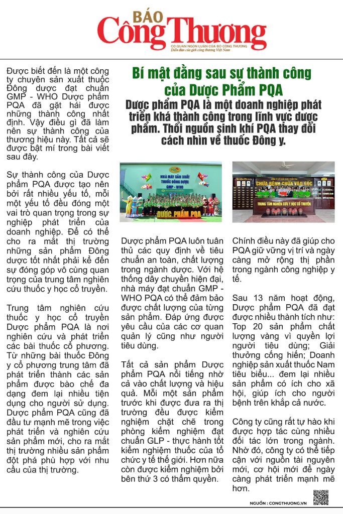 Dược phẩm PQA được đăng trên báo Công Thương 