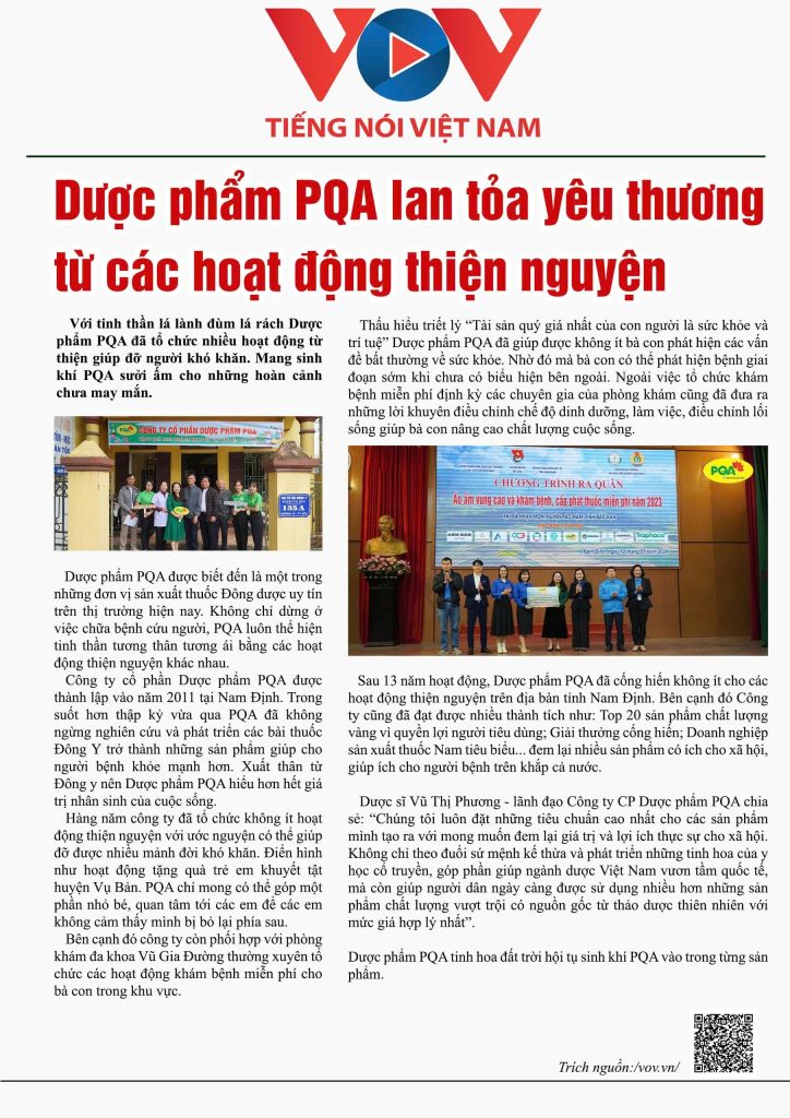 Dược phẩm PQA được đăng trên báo VOV